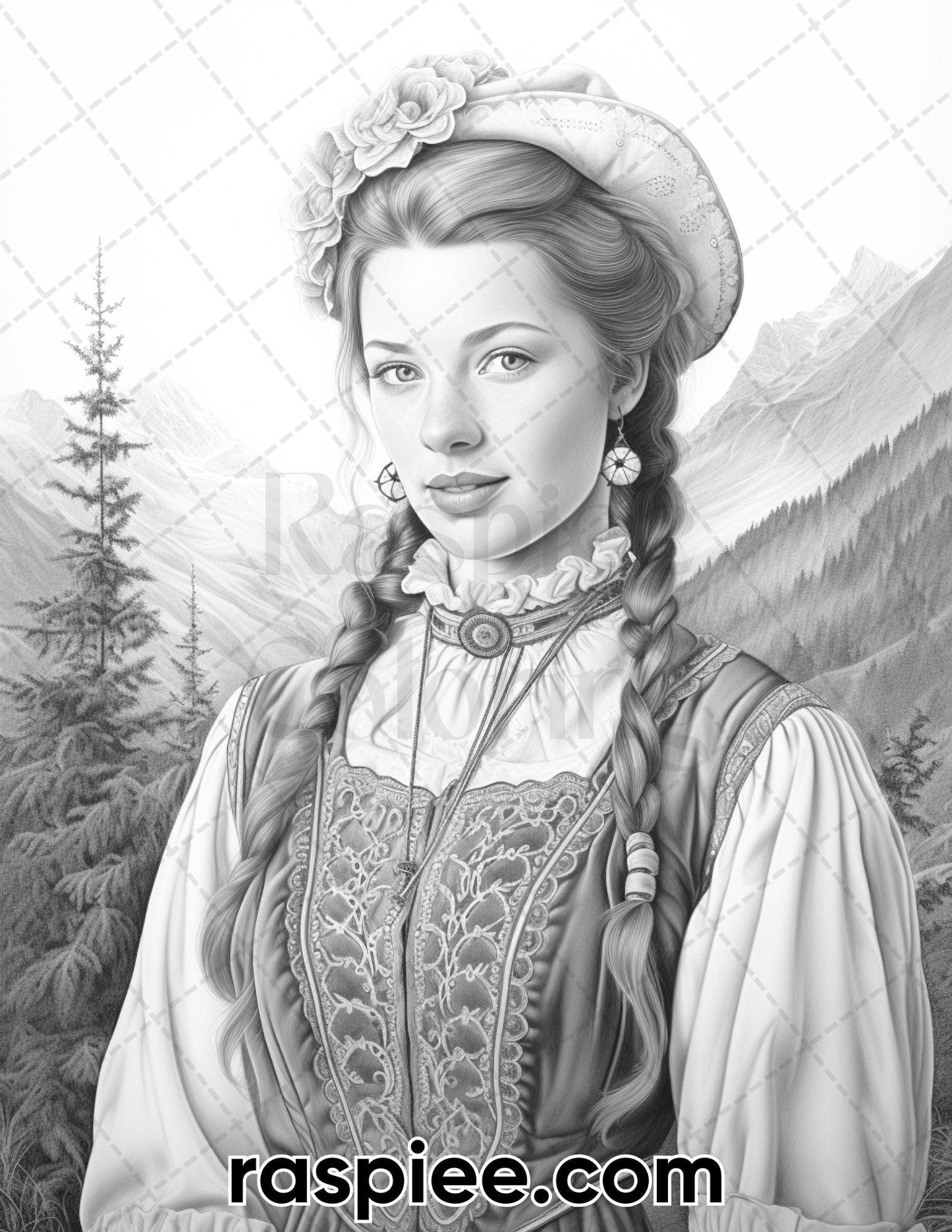 55 Traditional Swiss Girls Grayscale Adult Coloring Pages, Printable PDF Instant Download