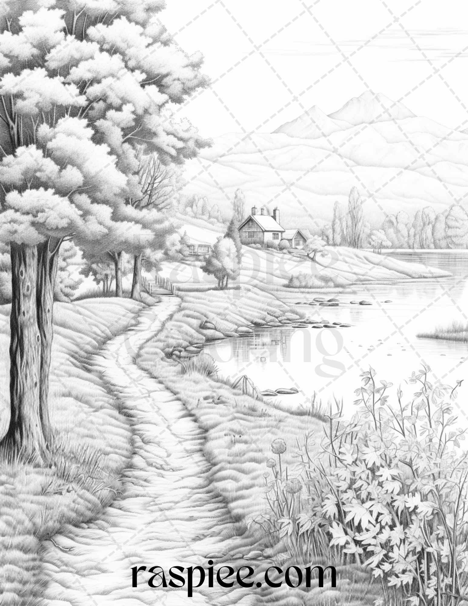 Autumn Scenery Grayscale Coloring Pages Printable for Adults, PDF File Instant Download
