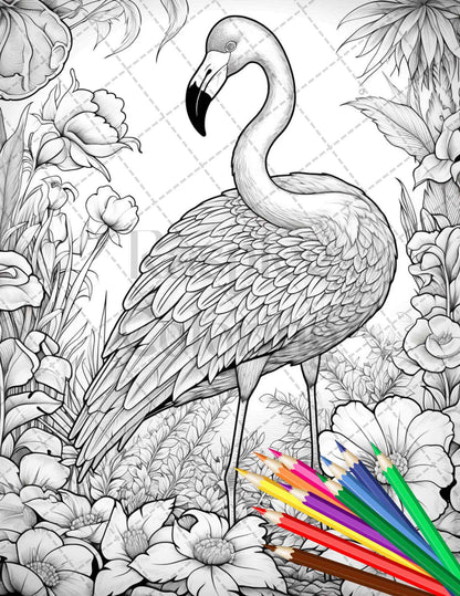 Flamingo Oasis Grayscale Coloring Pages Printable for Adults, PDF File Instant Download