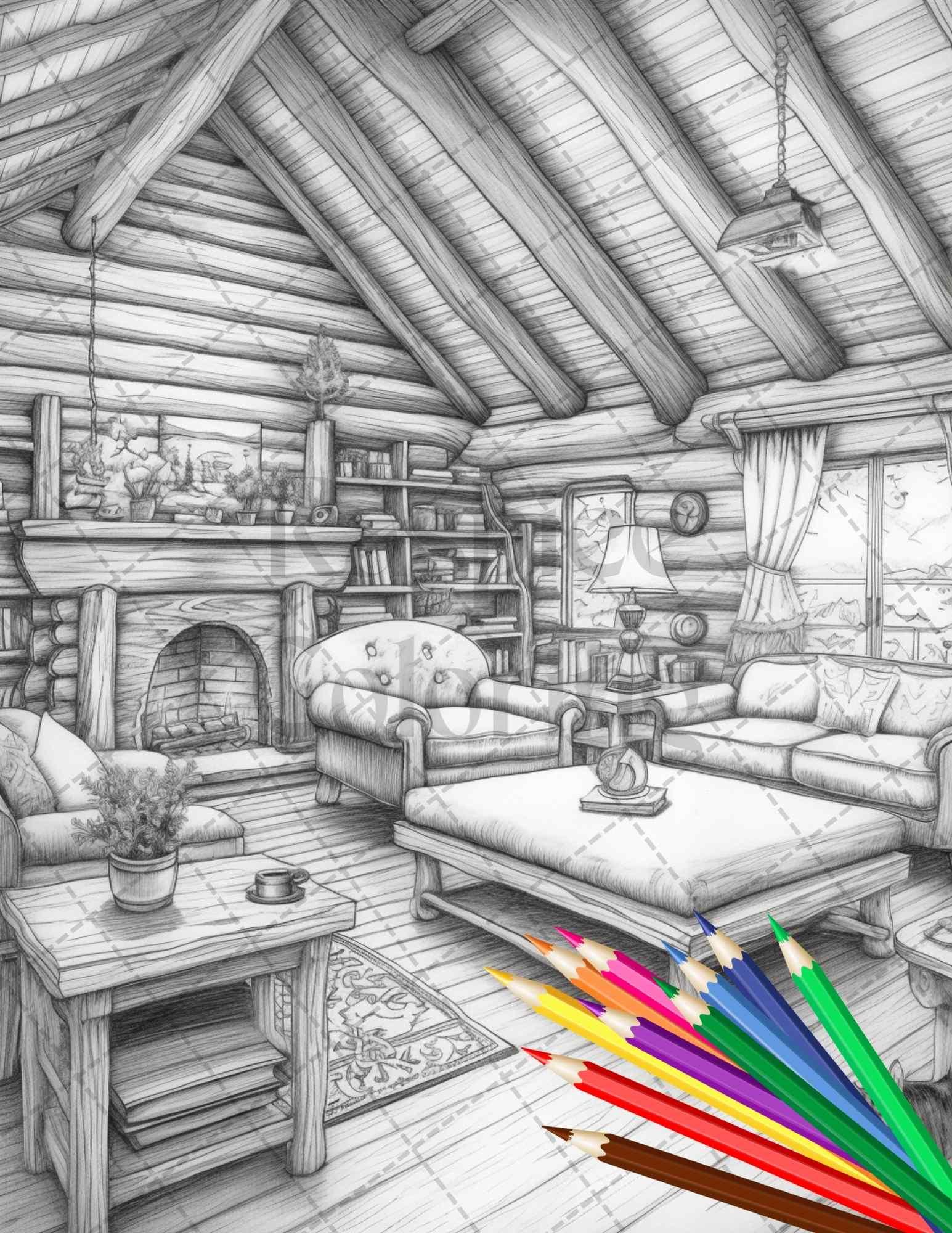 Cozy Cabin Interior Grayscale Coloring Pages Printable for Adults, PDF File Instant Download