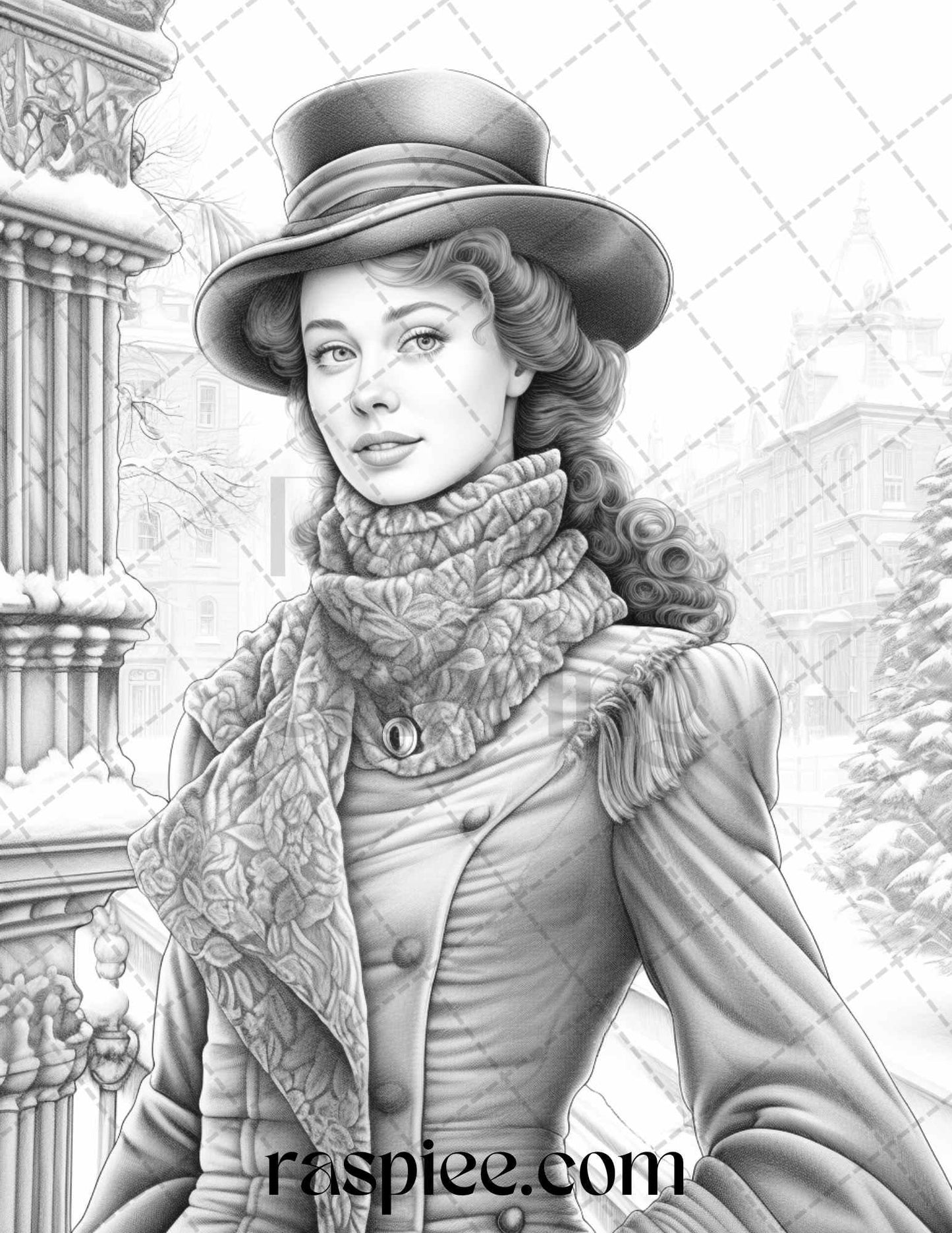 60 Victorian Winter Portrait Grayscale Coloring Pages Printable for Adults, PDF File Instant Download