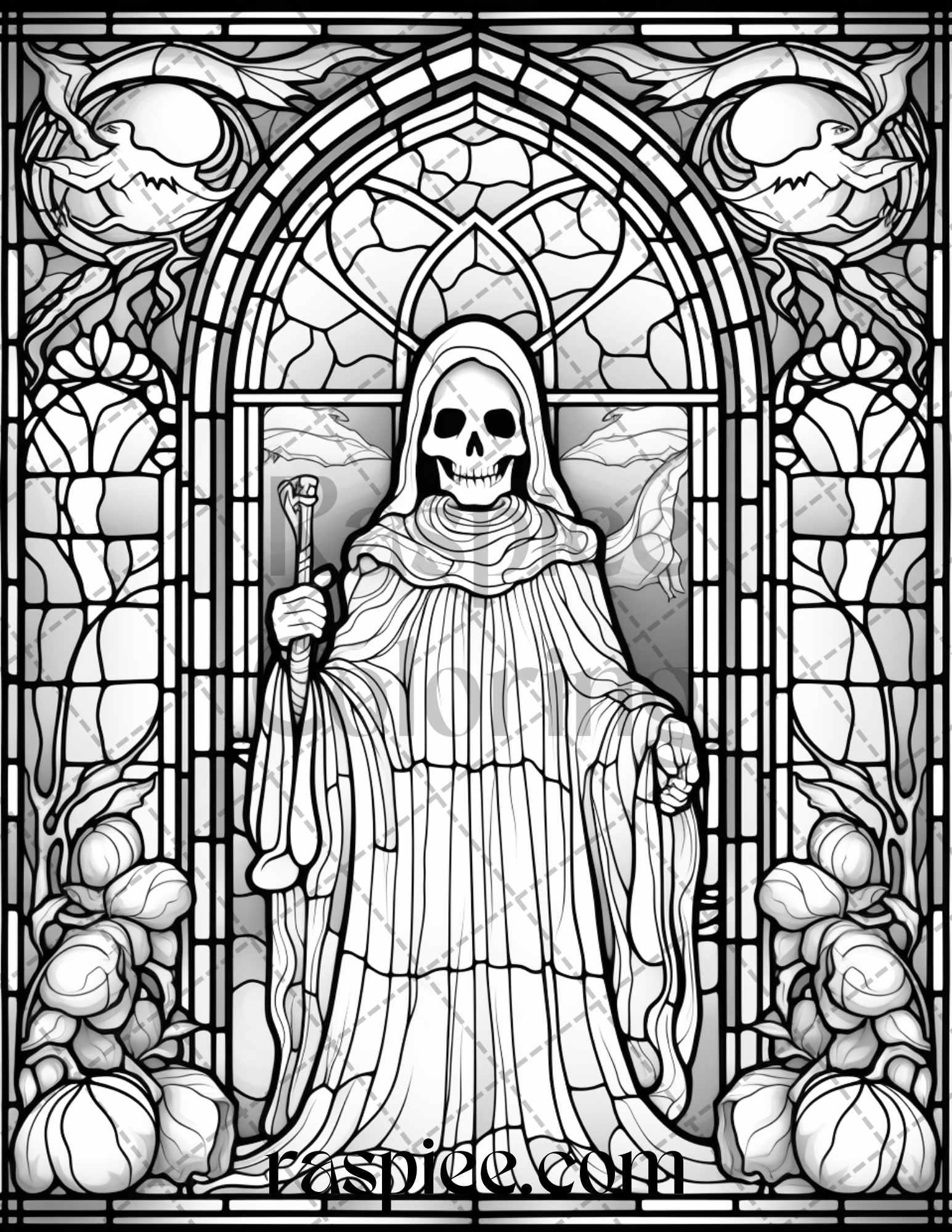 70 Halloween Stained Glass Grayscale Coloring Pages Printable for Adults, PDF File Instant Download