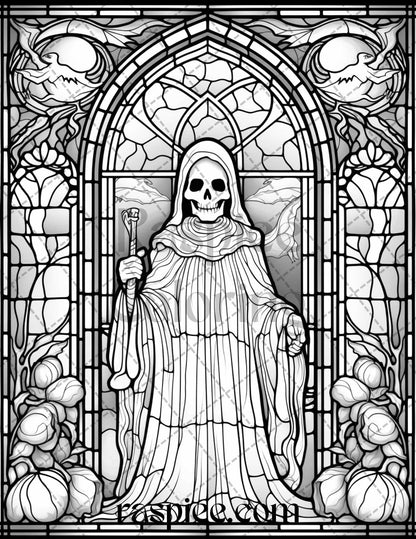 70 Halloween Stained Glass Grayscale Coloring Pages Printable for Adults, PDF File Instant Download