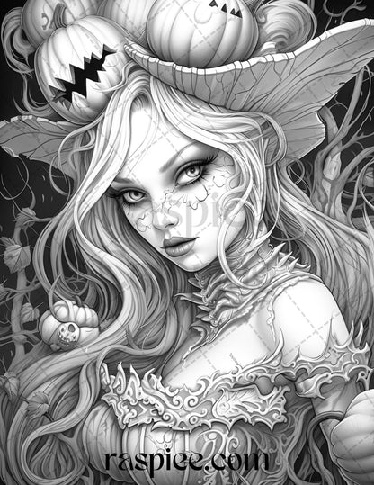 55 Halloween Girls Grayscale Coloring Pages Printable for Adults, PDF File Instant Download