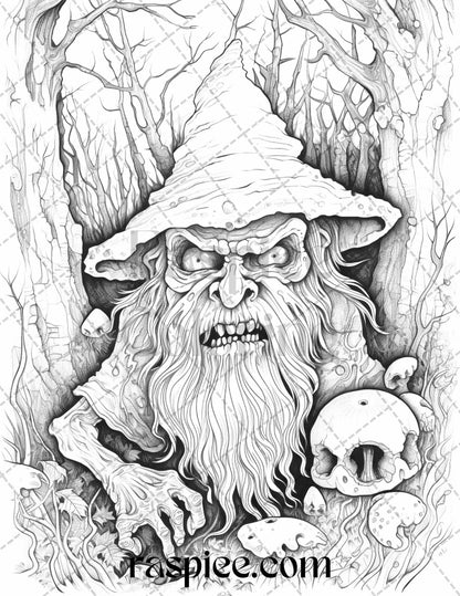 50 Horror Zombie Gnomes Grayscale Coloring Pages Printable for Adults, PDF File Instant Download