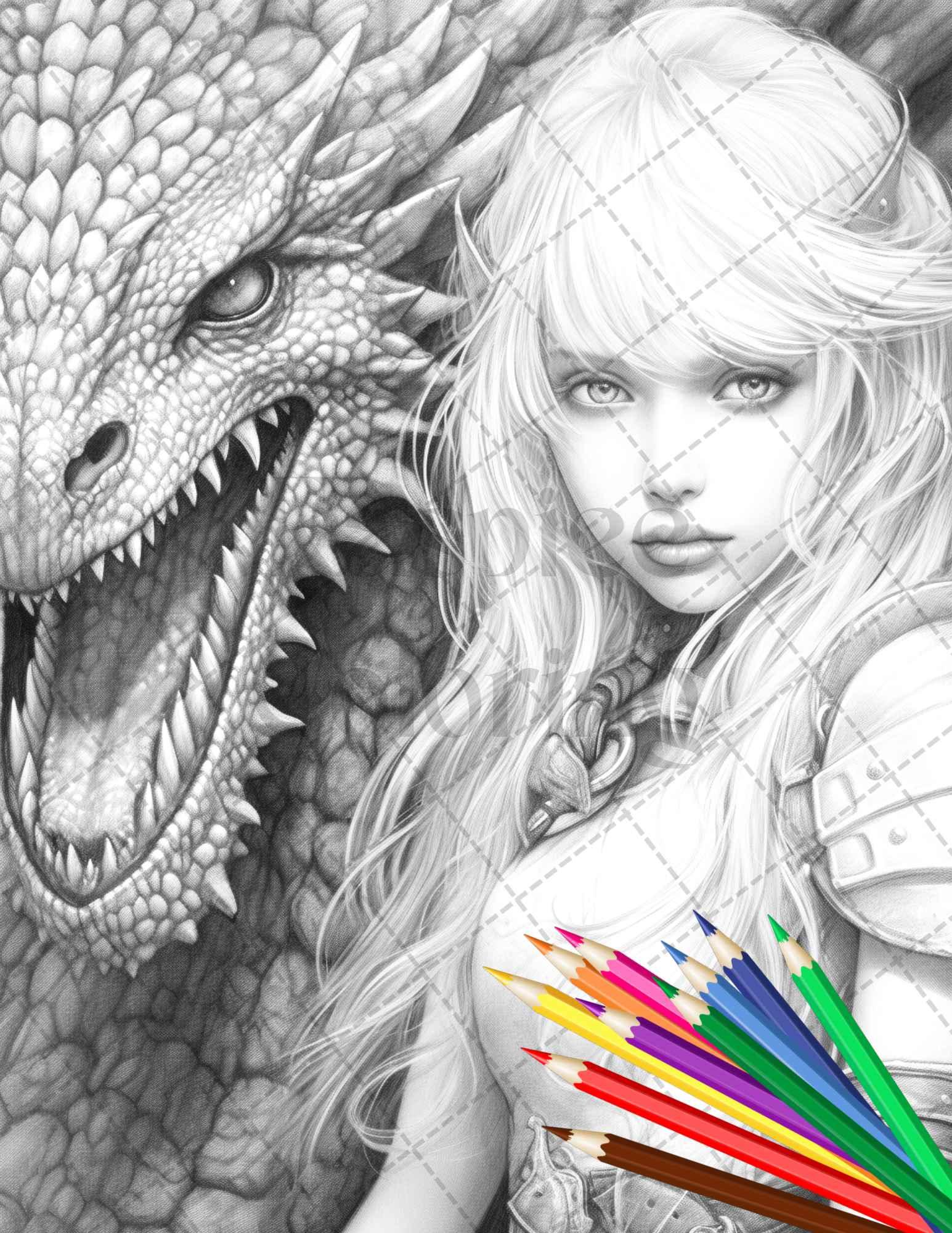 Enchanted Dragon Queens Grayscale Coloring Pages Printable for Adults, PDF File Instant Download