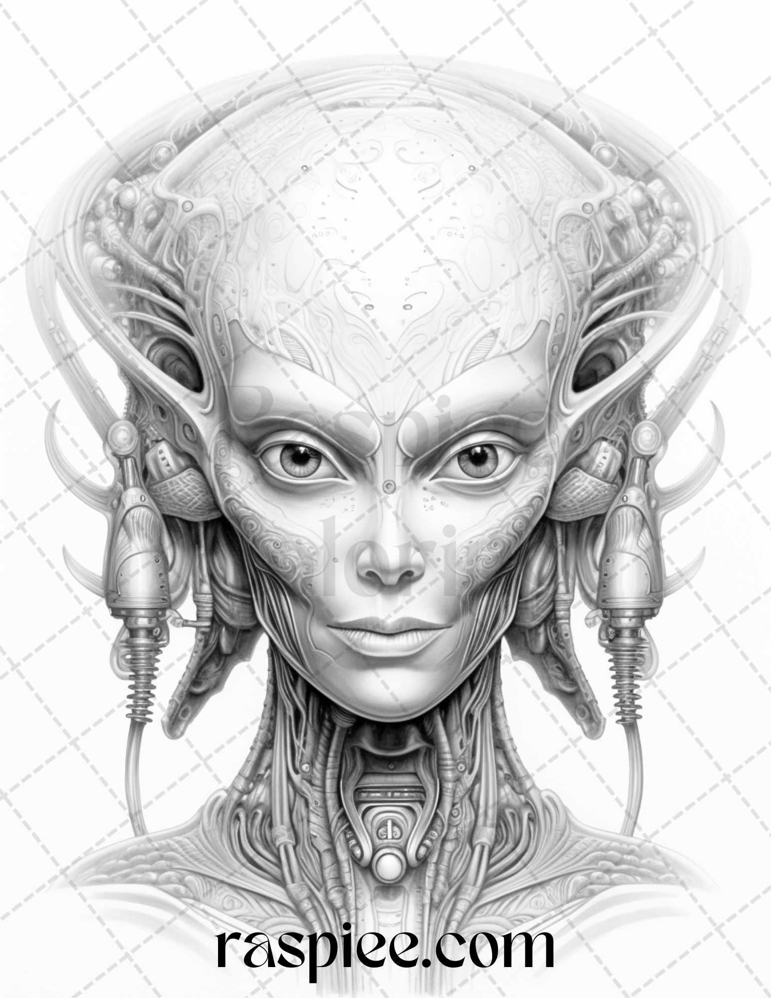 65 Alien Portrait Grayscale Coloring Pages for Adults, Printable PDF File Instant Download