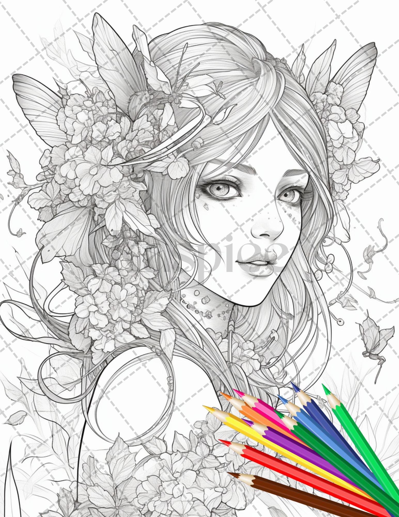 32 Anime Fairy Girl Printable Coloring Pages for Adults, Cute Fairy Grayscale Coloring Book, Printable PDF File Download