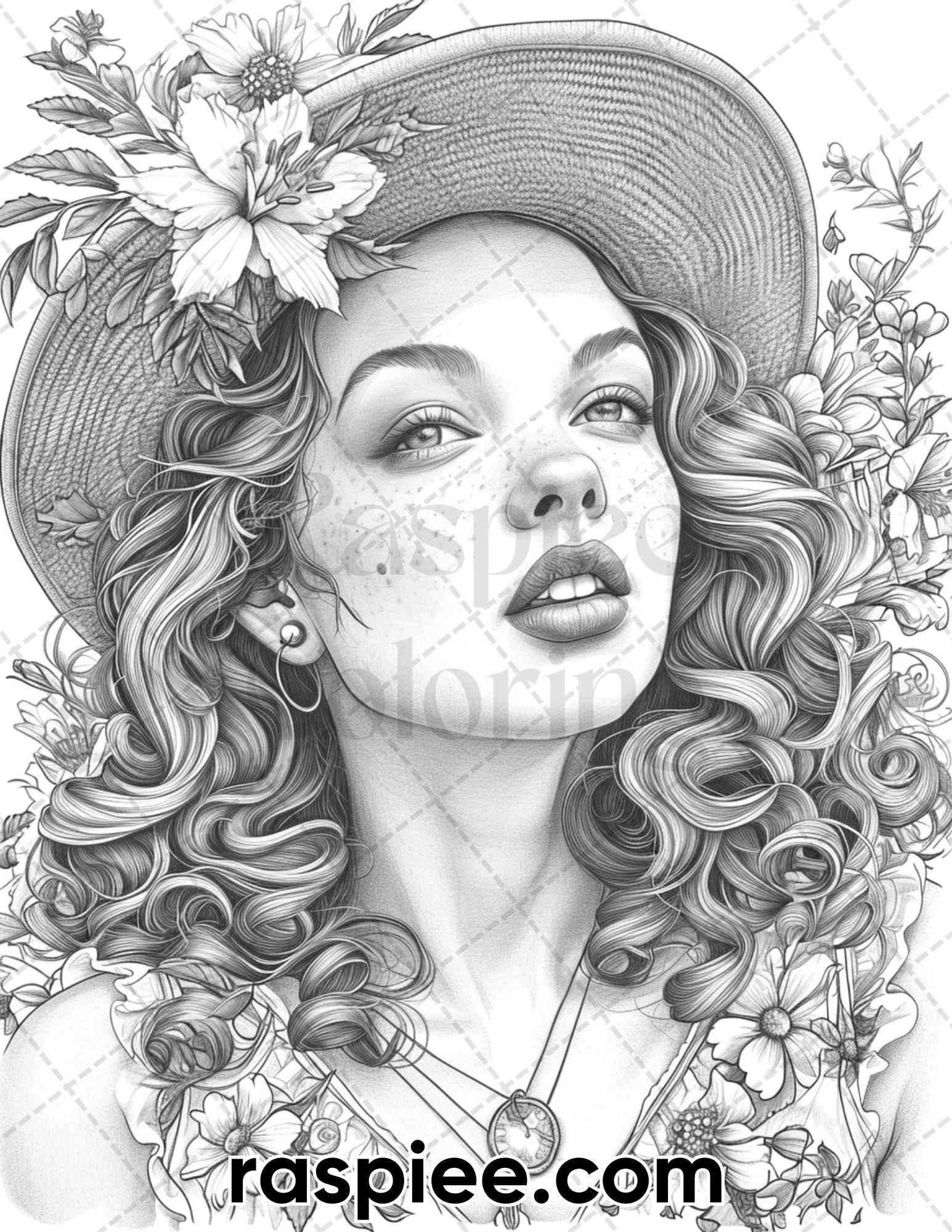 50 Vintage Spring Pin Up Girls Grayscale Adult Coloring Pages, Printable PDF Instant Download