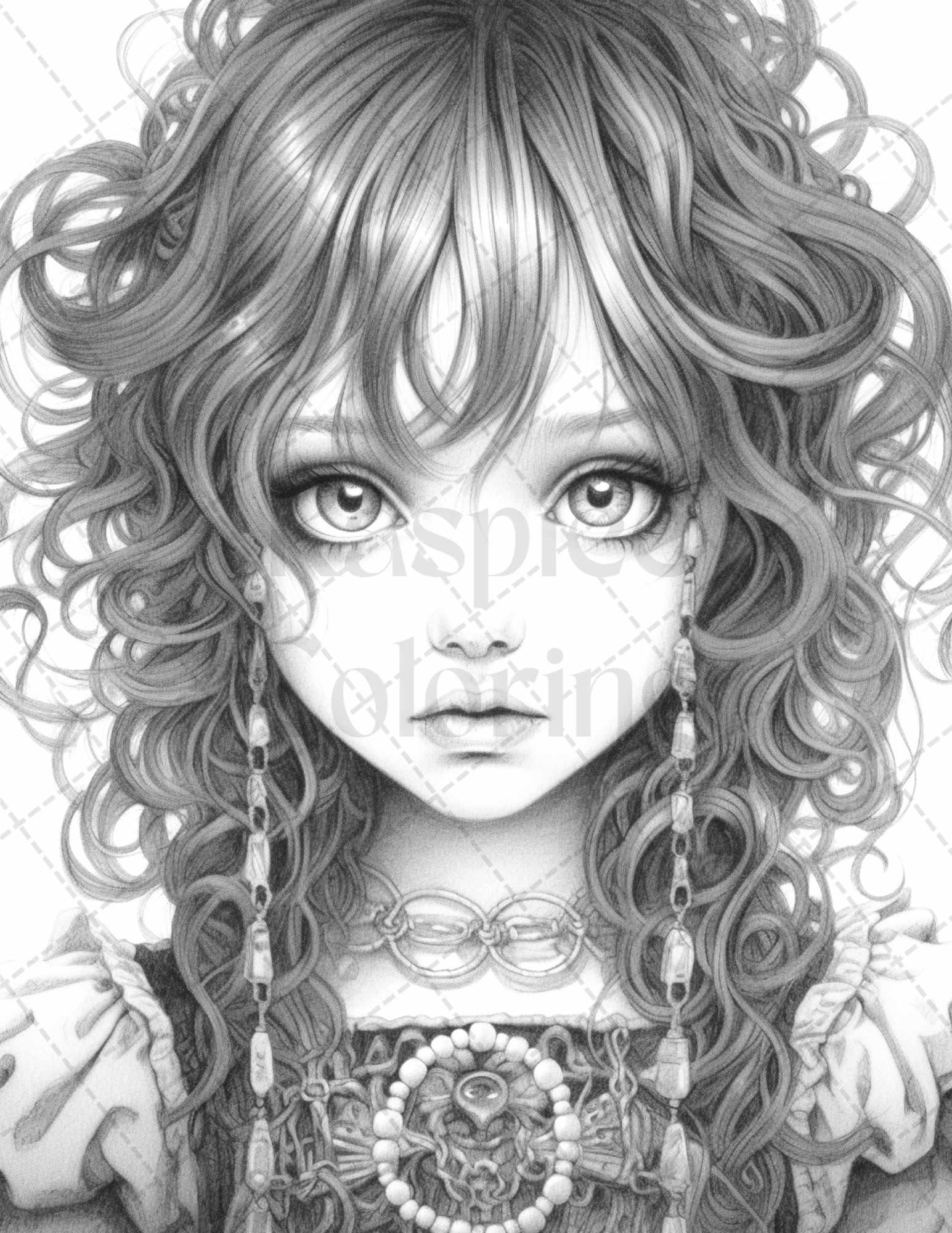 60 Adorable Gothic Girls Grayscale Coloring Pages Printable for Adults, PDF File Instant Download