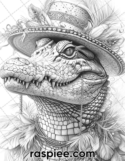 90 Mardi Gras Animals Grayscale Adult Coloring Pages, Printable PDF Instant Download