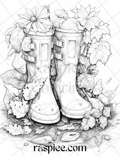 Autumn Vibes Grayscale Coloring Pages Printable for Adults, PDF File Instant Download