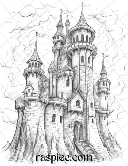 50 Haunted Castles Grayscale Coloring Pages Printable, Halloween Coloring Book, PDF File Instant Download