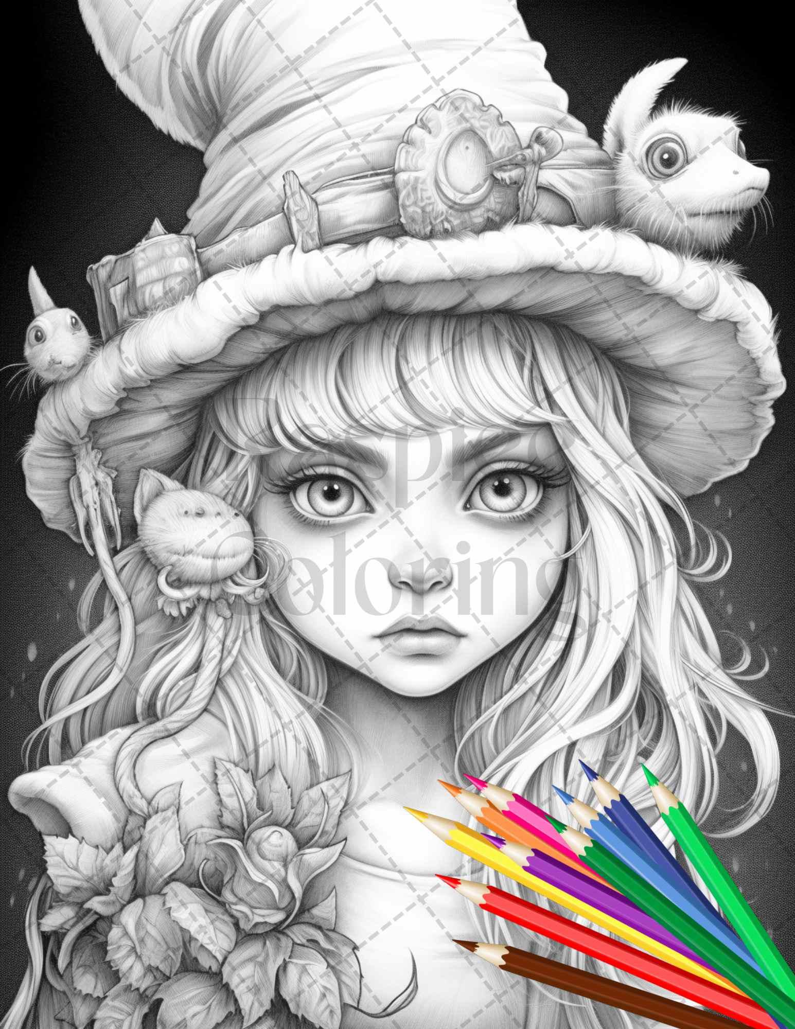 41 Adorable Gnome Girls Grayscale Coloring Pages Printable for Adults and Kids, PDF File Instant Download
