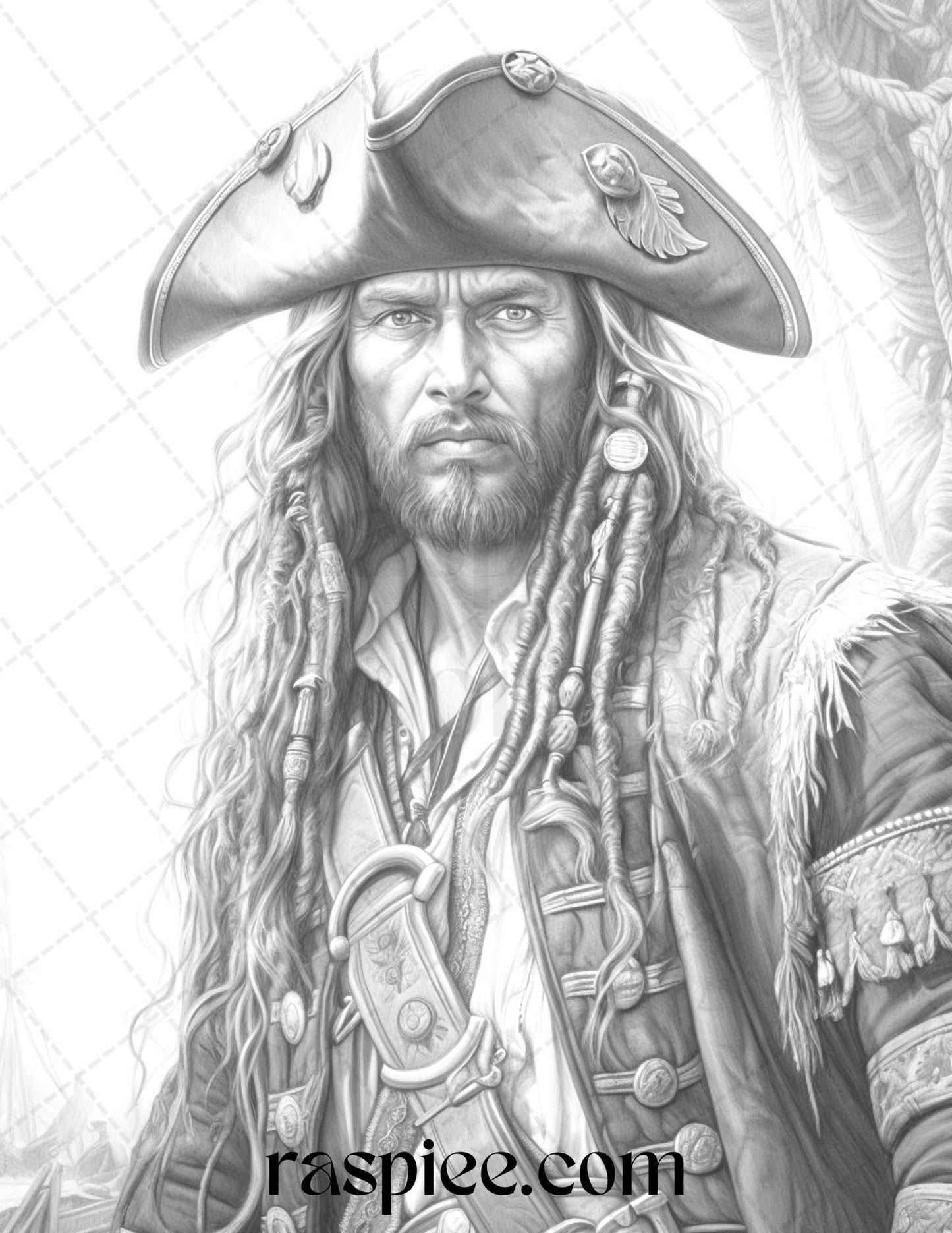 60 Pirate Life Grayscale Coloring Pages Printable for Adults, Stress Relief Coloring, PDF File Instant Download