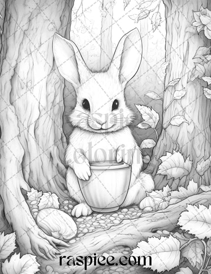 50 Rabbit Garden Grayscale Coloring Pages Printable for Adults, PDF File Instant Download