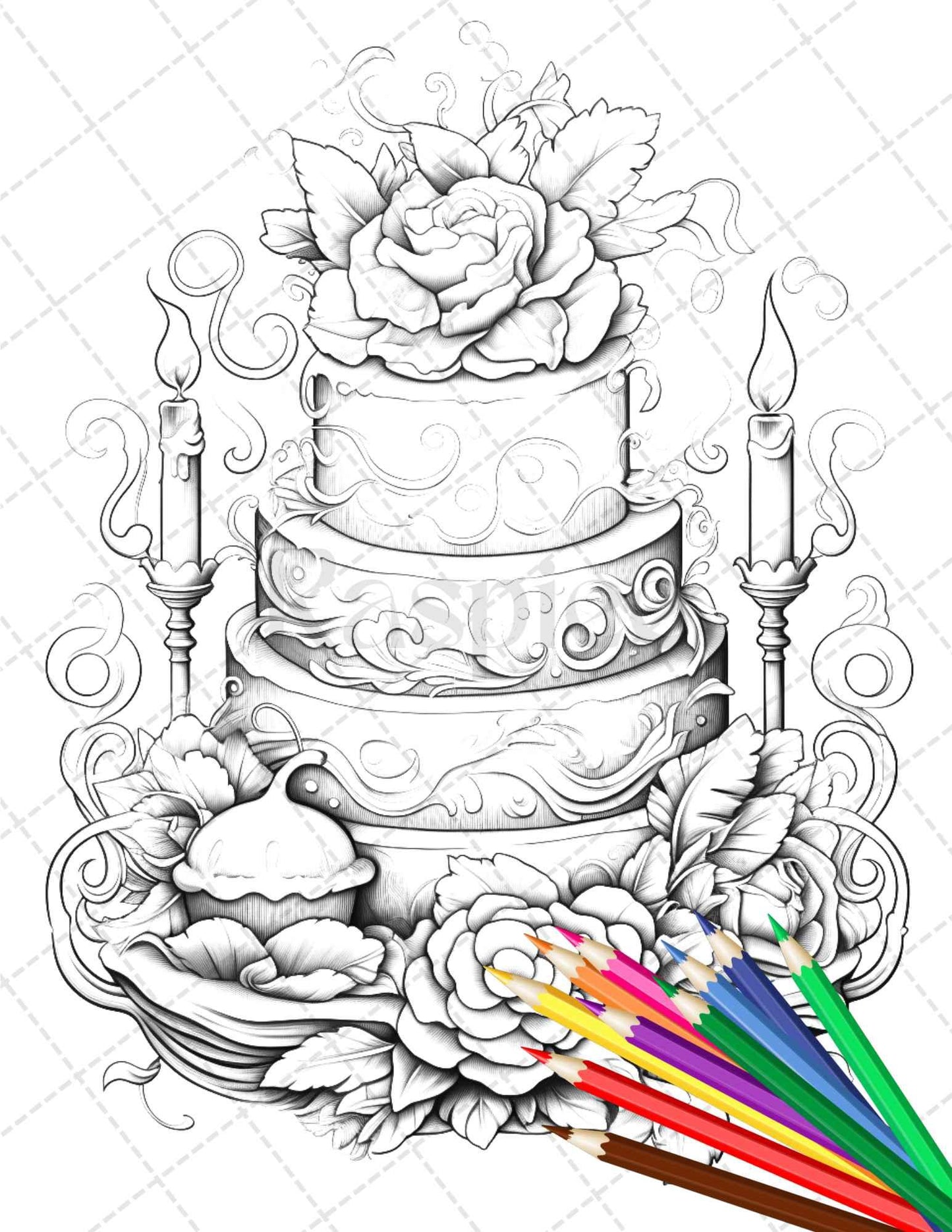38 Whimsical Cakes Grayscale Coloring Pages for Adults, PDF File Instant Download