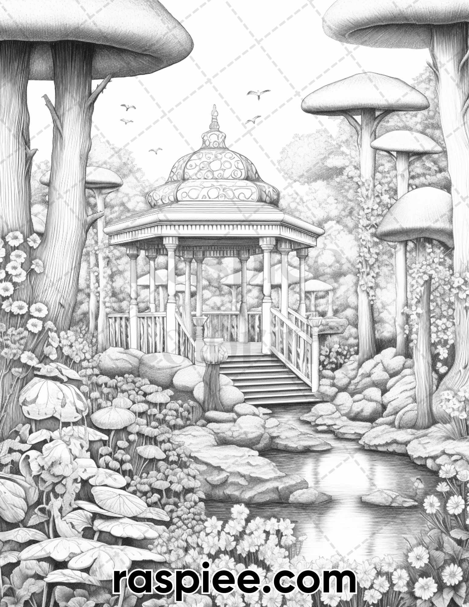 50 Fantasy Mushroom Island Grayscale Coloring Pages for Adults, Printable PDF Instant Download