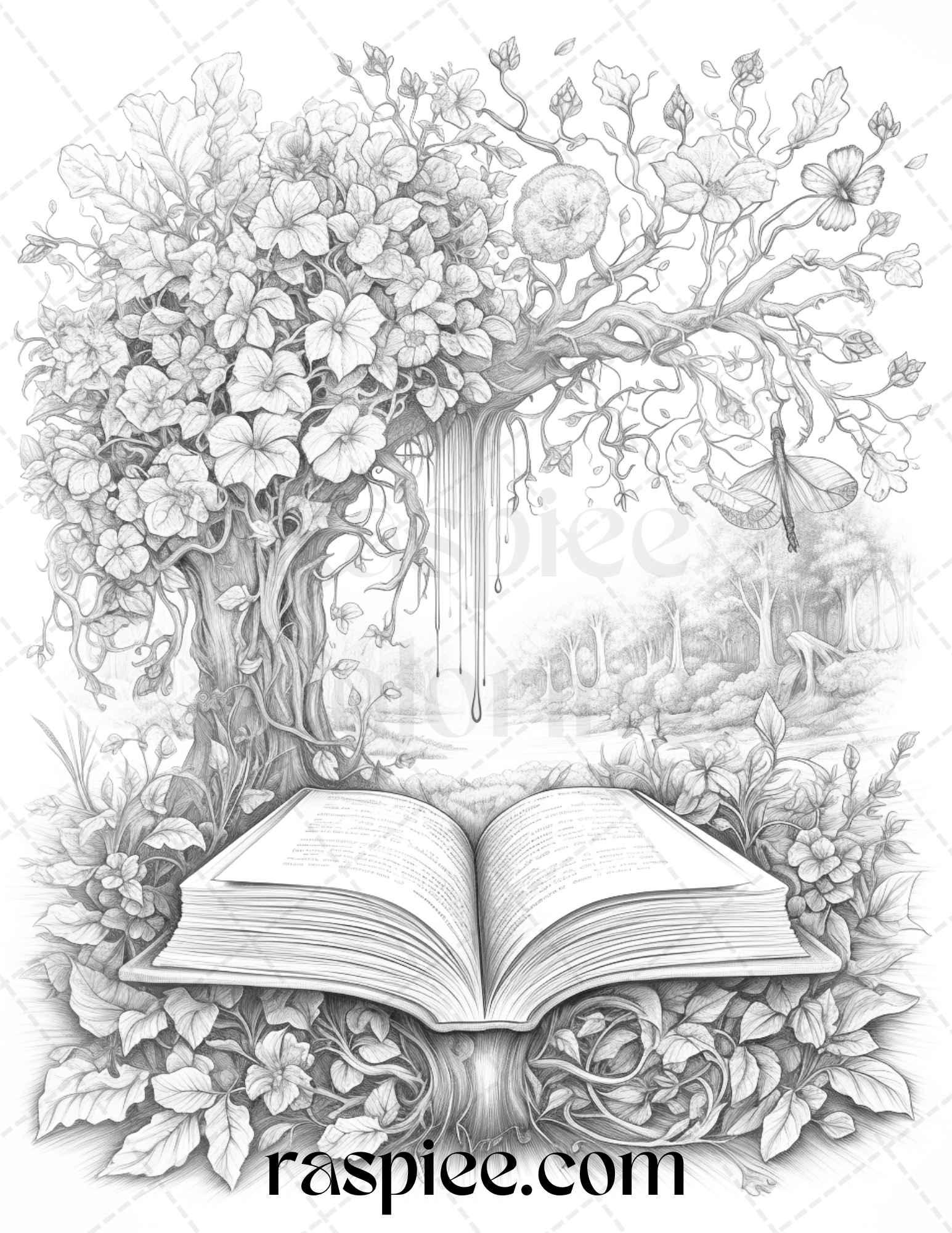 50 Magical Books Grayscale Coloring Pages Printable for Adults, PDF File Instant Download