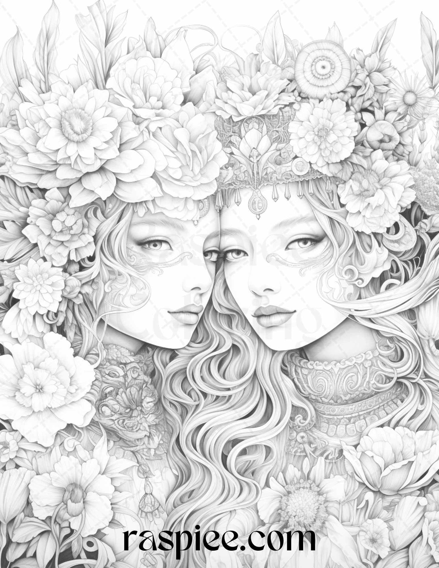 50 Romantic Couple Flowers Grayscale Coloring Pages Printable for Adults, PDF File Instant Download