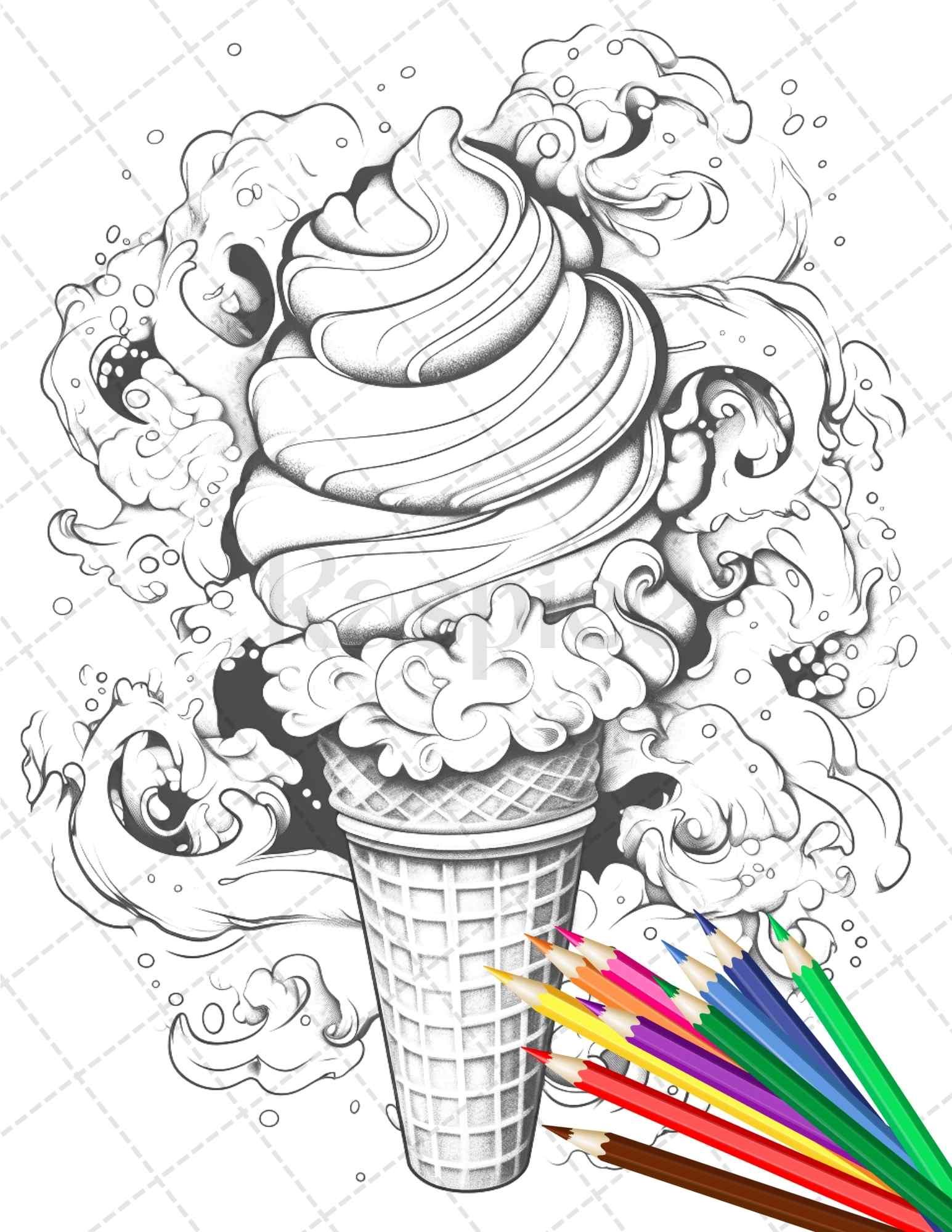 52 Printable Ice Cream Desserts Coloring Pages for Adults and Kids, Grayscale Coloring Page, PDF File Instant Download