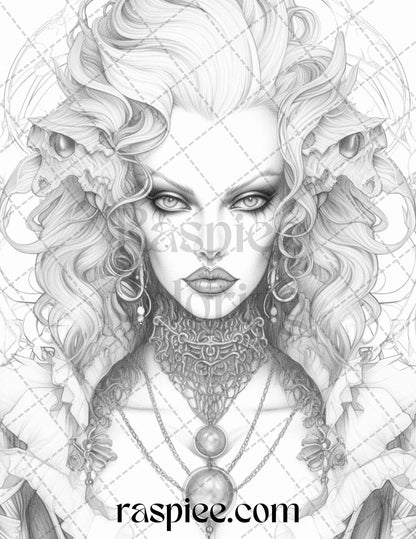 Bewitching Vampires Grayscale Coloring Pages Printable for Adults, PDF File Instant Download
