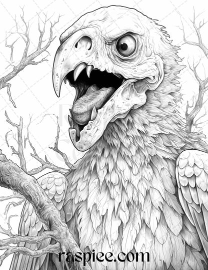 66 Horror Zombie Animals Grayscale Coloring Pages Printable for Adults, PDF File Instant Download
