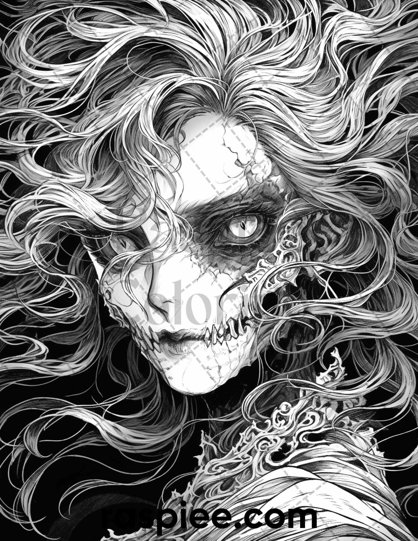 60 Horror Beauties Grayscale Coloring Pages Printable for Adults, PDF File Instant Download