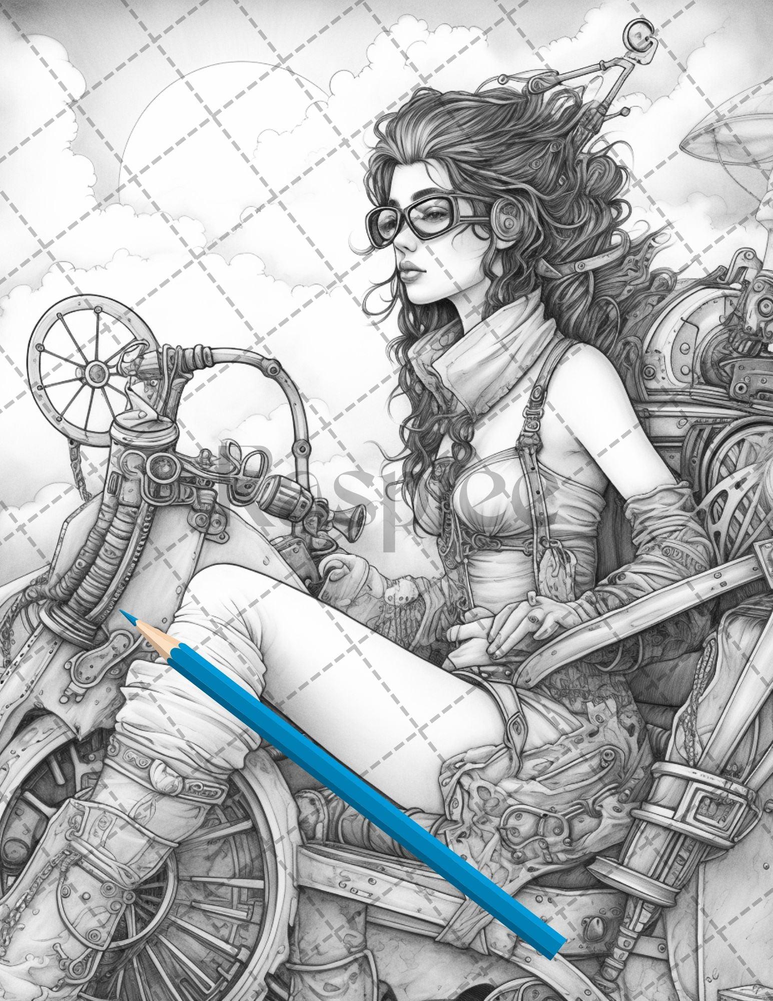 30 Steampunk Girls Coloring Pages Printable for Adults, Victorian Inspired Adult Grayscale Coloring Book, PDF File Download