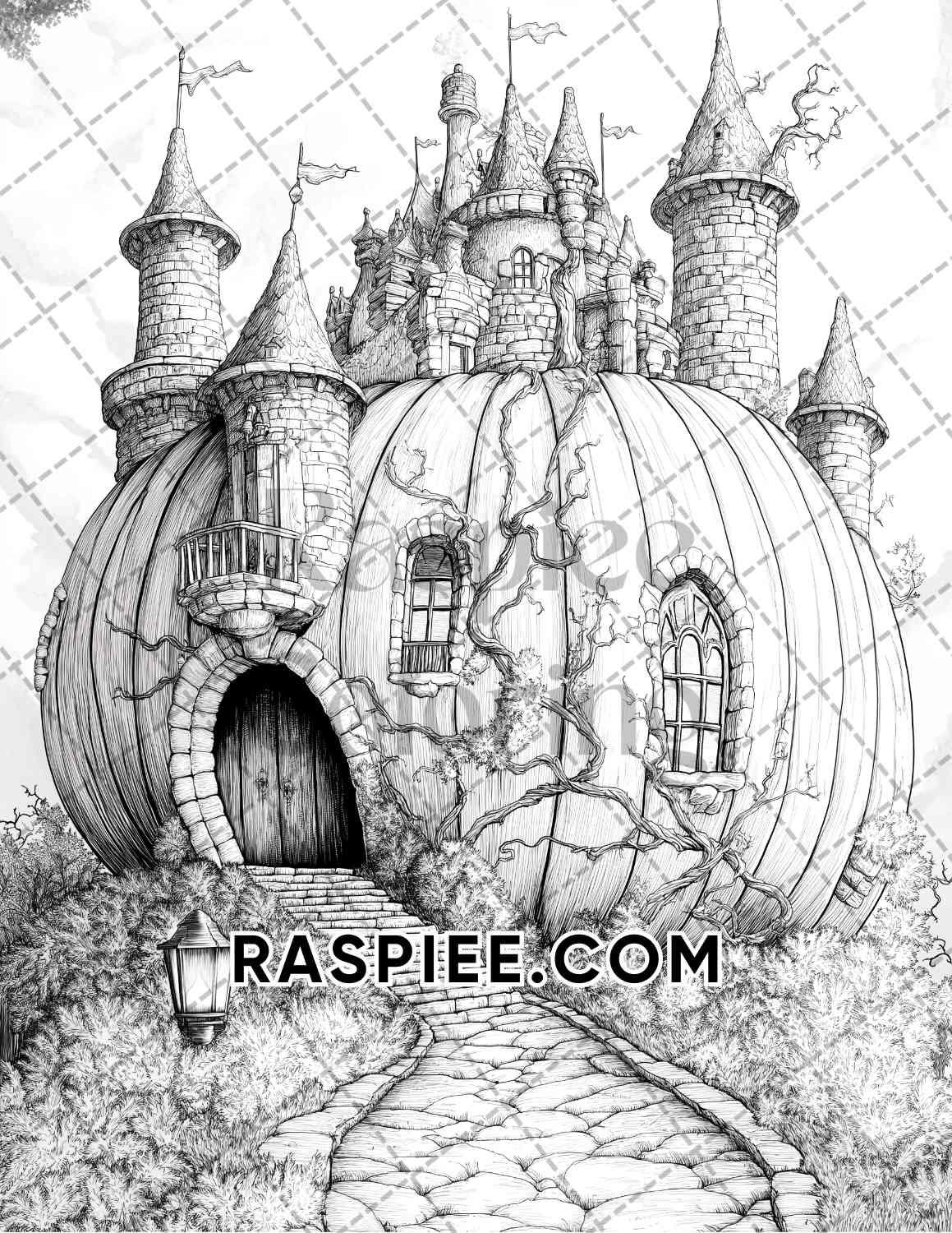 Fantasy Giant Pumpkin Castles Adult Coloring Pages Printable PDF Instant Download