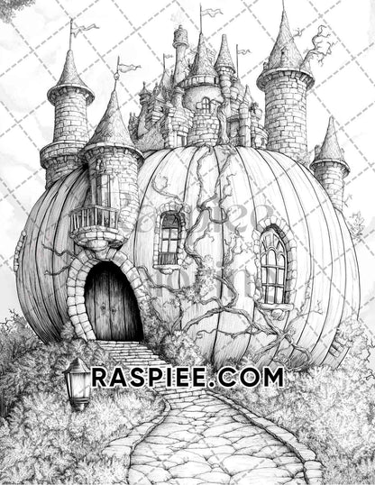 Fantasy Giant Pumpkin Castles Adult Coloring Pages Printable PDF Instant Download