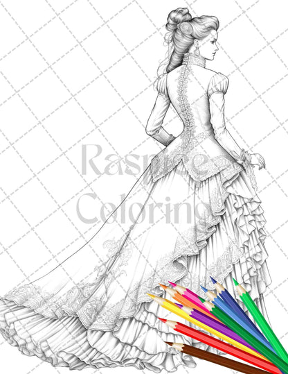 50 Victorian Fashion Grayscale Coloring Pages Printable for Adults, PDF File Instant Download