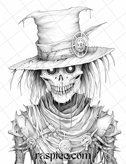53 Scary Steampunk Scarecrows Grayscale Coloring Pages Printable for Adults, PDF File Instant Download