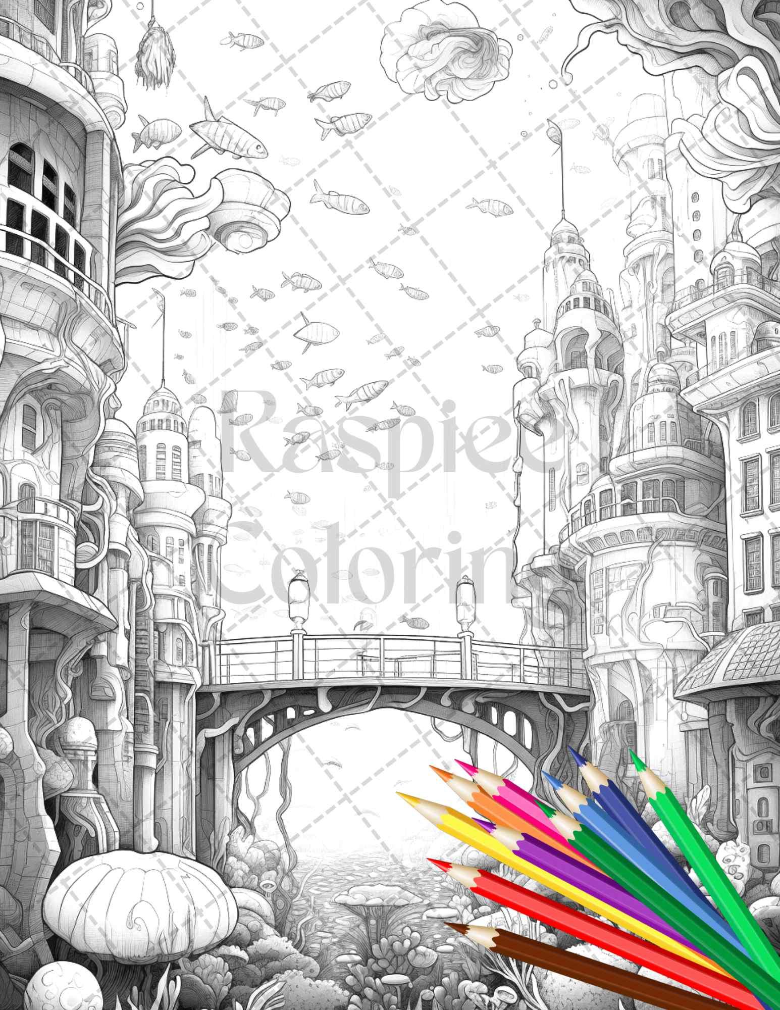 Enchanted Underwater City Grayscale Coloring Pages Printable for Adults, PDF File Instant Download