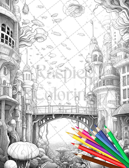Enchanted Underwater City Grayscale Coloring Pages Printable for Adults, PDF File Instant Download
