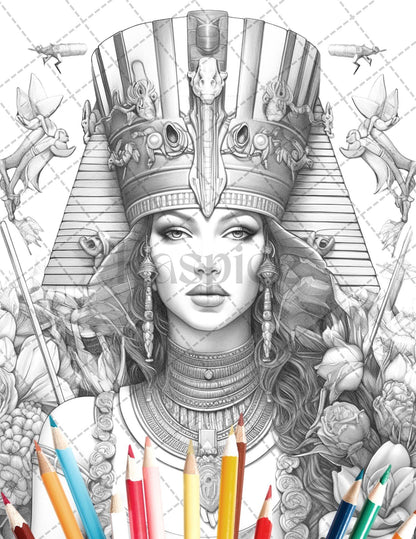 35 Ancient Egyptian Queens Coloring Book Printable for Adults, Grayscale Coloring Page, PDF File Instant Download