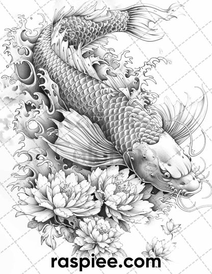 60 Traditional Japanese Tattoos Grayscale Adult Coloring Pages, Printable PDF Instant Download