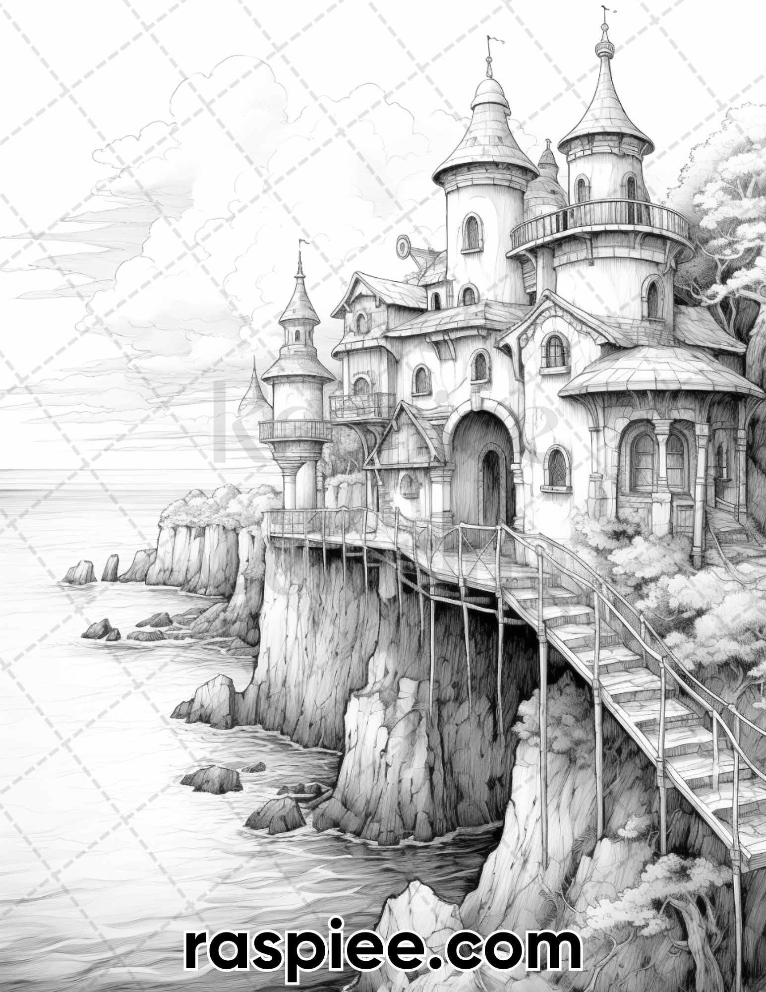 50 Fairy Beach Houses Grayscale Coloring Pages for Adults, Printable PDF Instant Download