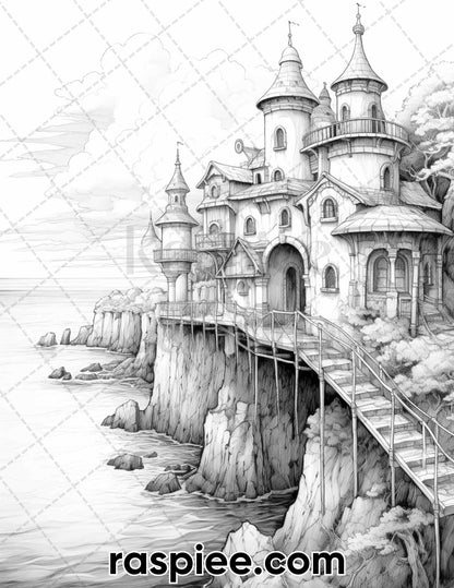 50 Fairy Beach Houses Grayscale Coloring Pages for Adults, Printable PDF Instant Download