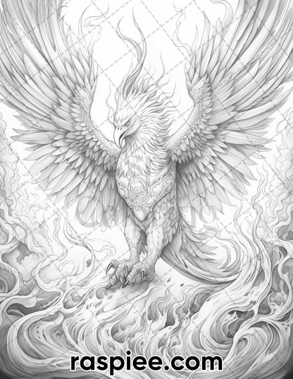 60 Mythical Creatures Grayscale Coloring Pages for Adults, Printable PDF Instant Download