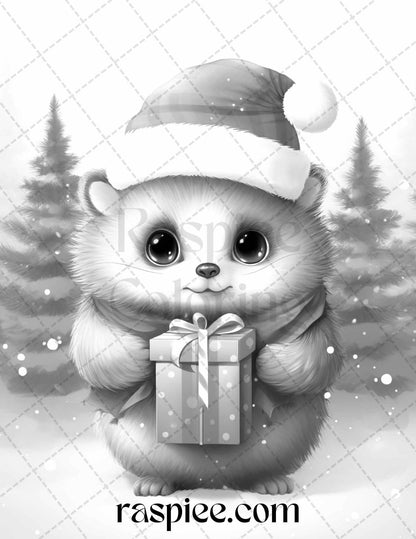 70 Christmas Critters Grayscale Coloring Pages Printable for Adults and Kids, PDF File Instant Download