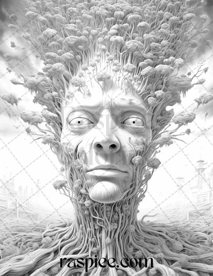 60 Enchanting Surrealism Grayscale Coloring Pages Printable for Adults, PDF File Instant Download