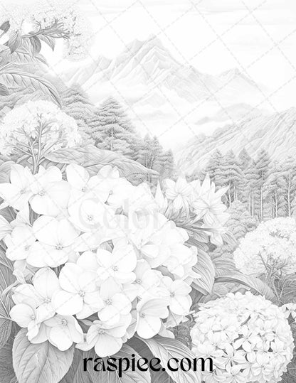 60 Mountain Flower Landscapes Grayscale Coloring Pages Printable for Adults, PDF File Instant Download