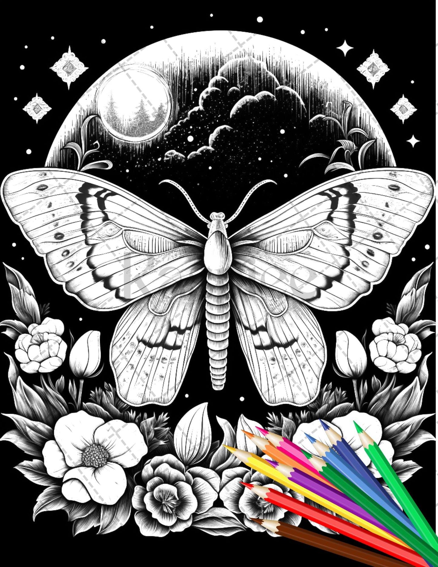 32 Beautiful Moths and Floral Coloring Book for Adults, Grayscale Coloring Page, Printable PDF Instant Download