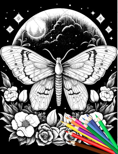 32 Beautiful Moths and Floral Coloring Book for Adults, Grayscale Coloring Page, Printable PDF Instant Download