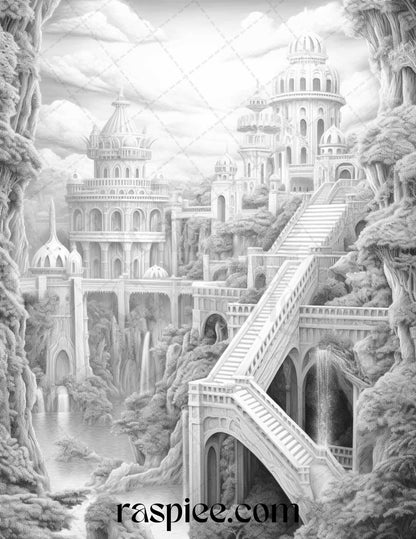 Hanging Gardens of Babylon Grayscale Coloring Pages Printable, PDF File Instant Download