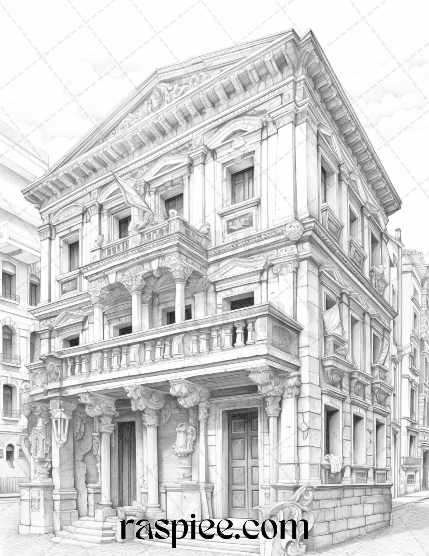 Roman Architecture Grayscale Coloring Pages Printable for Adults, PDF File Instant Download