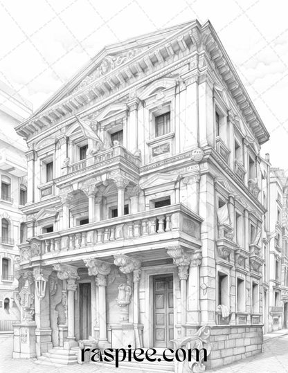 Roman Architecture Grayscale Coloring Pages Printable for Adults, PDF File Instant Download