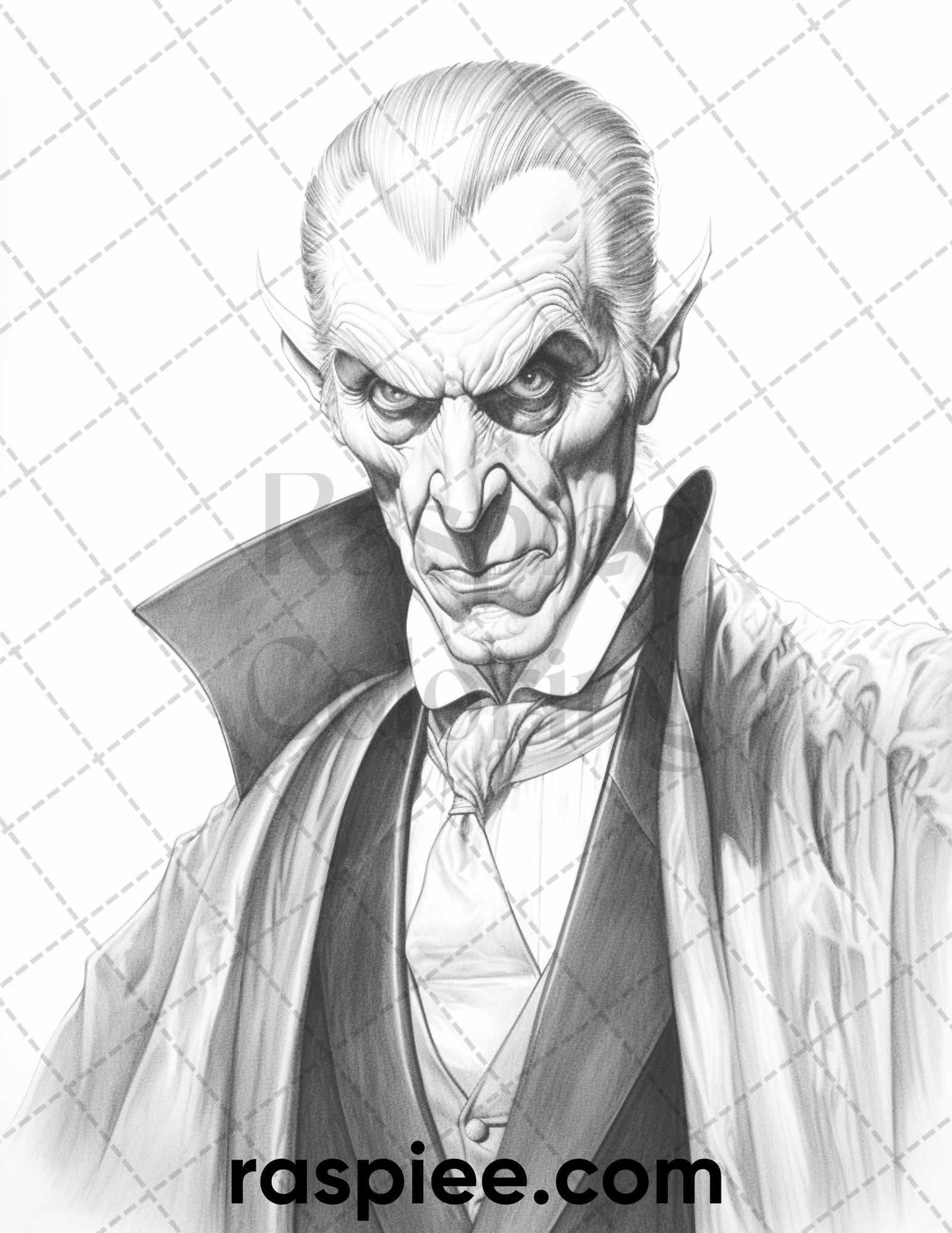 50 Count Dracula Grayscale Coloring Pages Printable for Adults, PDF File Instant Download
