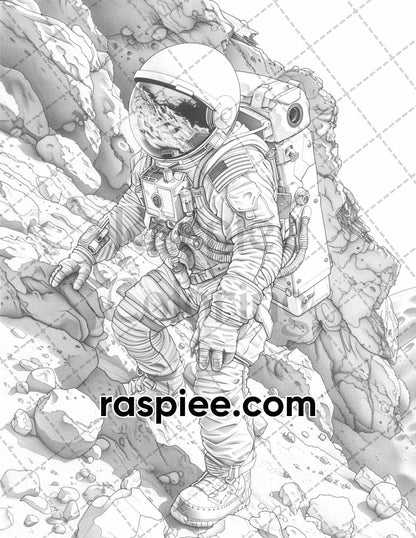 65 Fantasy Astronaut Grayscale Adult Coloring Pages, Printable PDF Instant Download